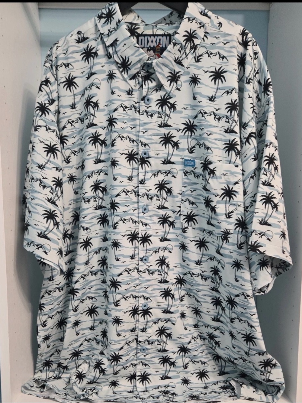 Dixxon Moorea Palm Tree Button-Up Shirt - White with Black & Blue Palm Print
